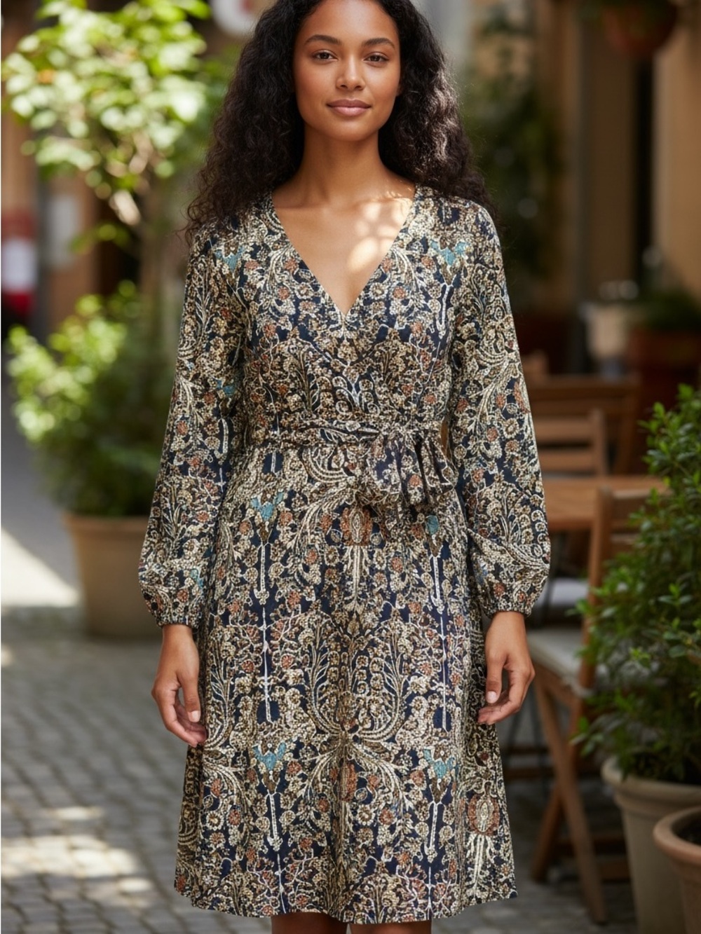 V-Neck Navy Paisley Wrap Dress with Tie Waist